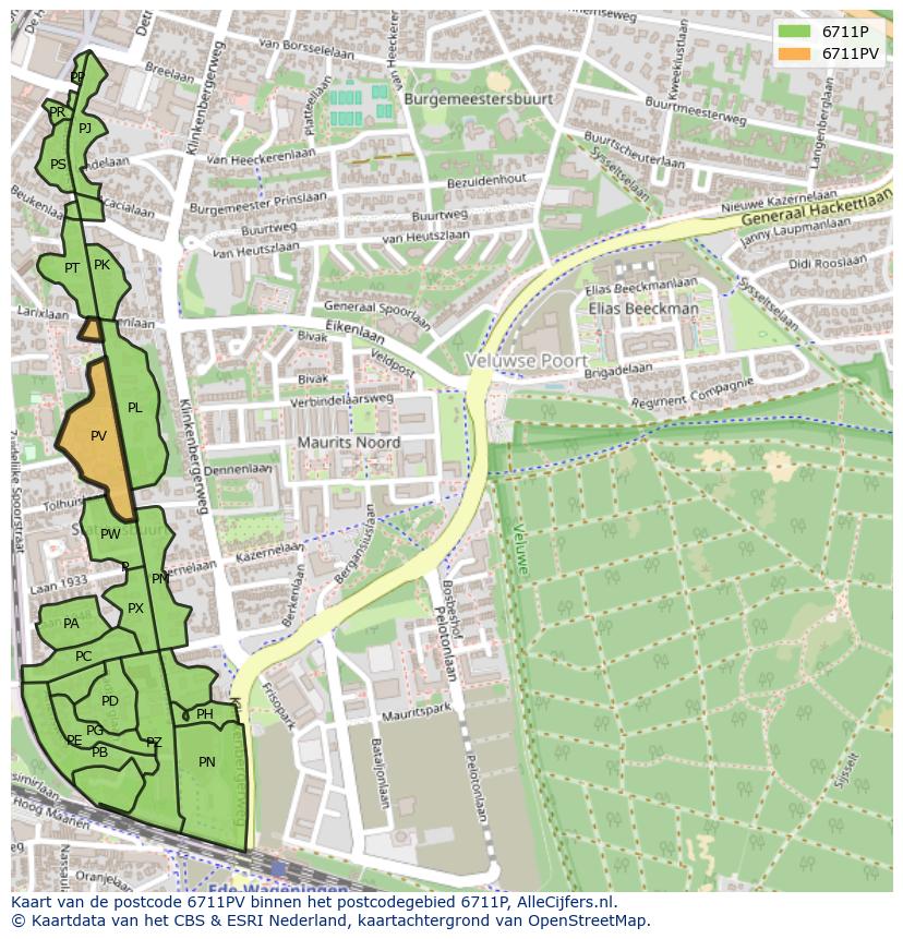Afbeelding van het postcodegebied 6711 PV op de kaart.