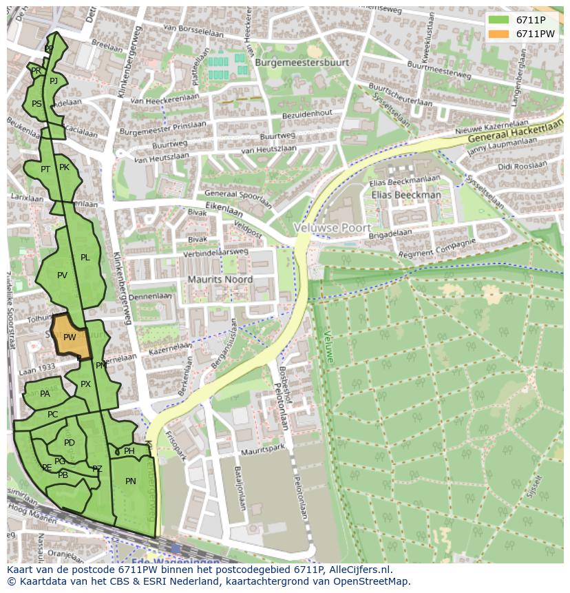 Afbeelding van het postcodegebied 6711 PW op de kaart.
