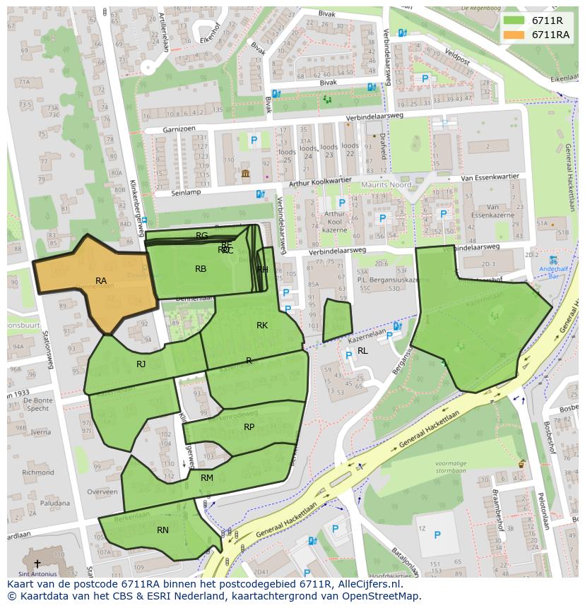 Afbeelding van het postcodegebied 6711 RA op de kaart.
