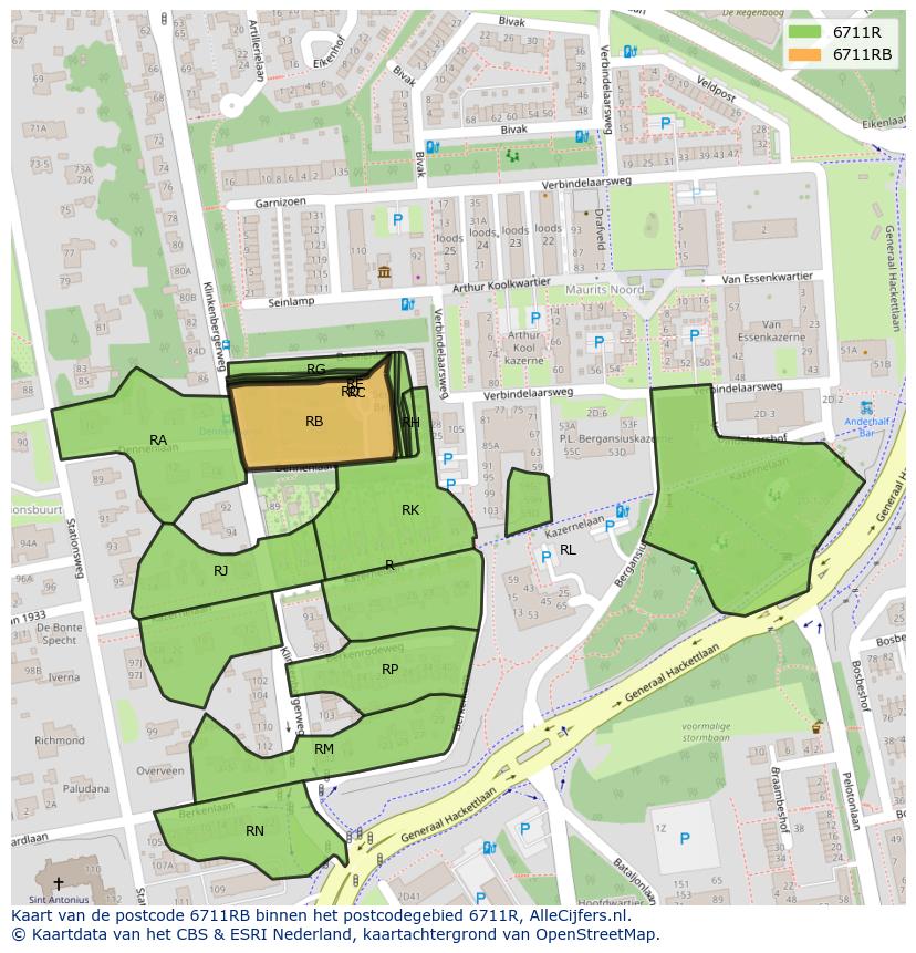 Afbeelding van het postcodegebied 6711 RB op de kaart.