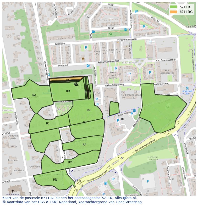 Afbeelding van het postcodegebied 6711 RG op de kaart.