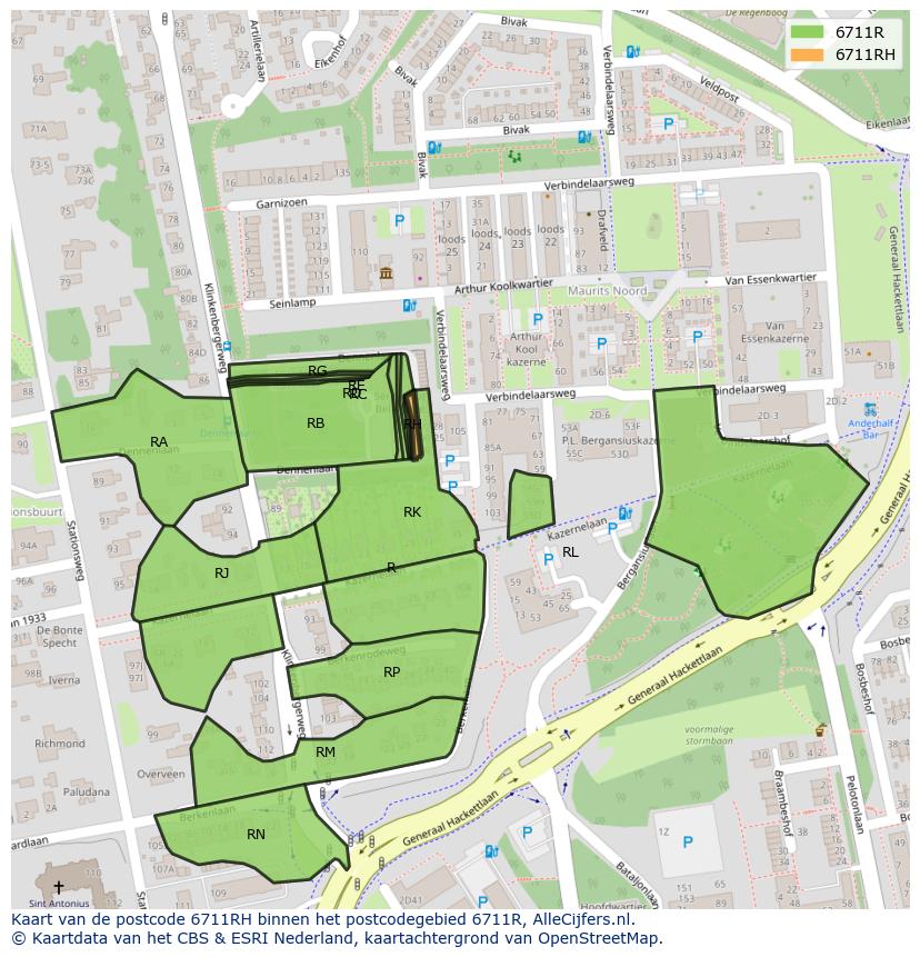 Afbeelding van het postcodegebied 6711 RH op de kaart.