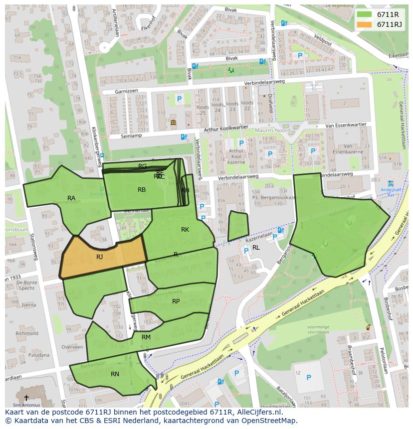 Afbeelding van het postcodegebied 6711 RJ op de kaart.