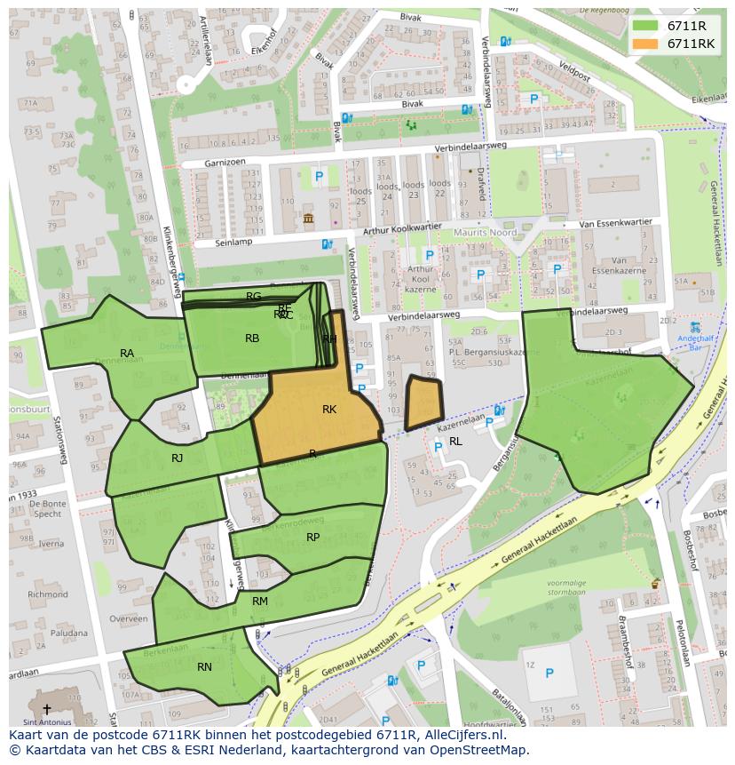 Afbeelding van het postcodegebied 6711 RK op de kaart.
