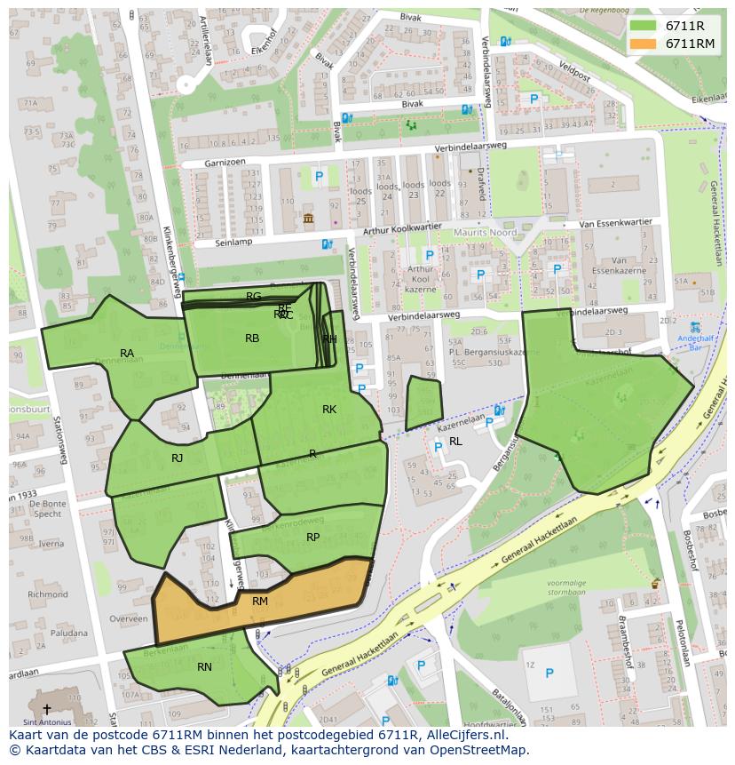 Afbeelding van het postcodegebied 6711 RM op de kaart.