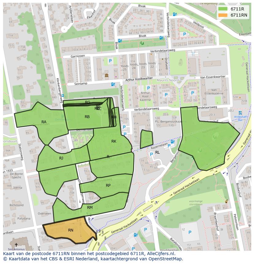 Afbeelding van het postcodegebied 6711 RN op de kaart.