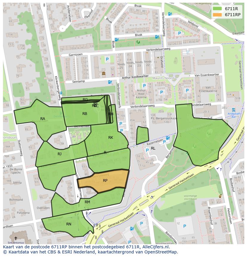 Afbeelding van het postcodegebied 6711 RP op de kaart.