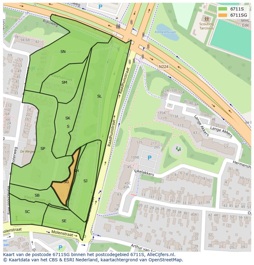 Afbeelding van het postcodegebied 6711 SG op de kaart.