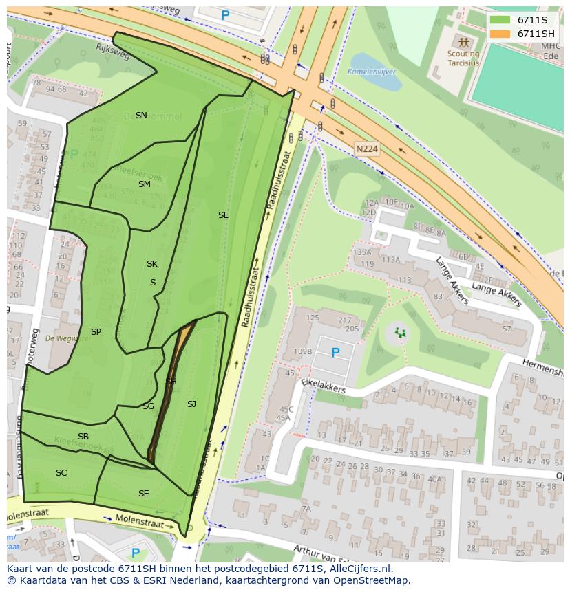 Afbeelding van het postcodegebied 6711 SH op de kaart.
