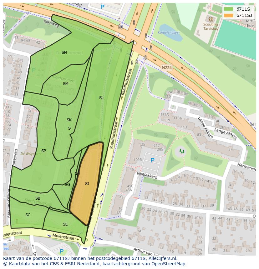 Afbeelding van het postcodegebied 6711 SJ op de kaart.