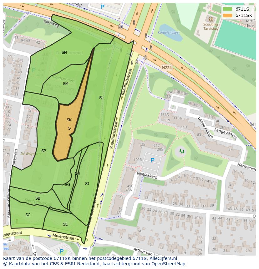 Afbeelding van het postcodegebied 6711 SK op de kaart.