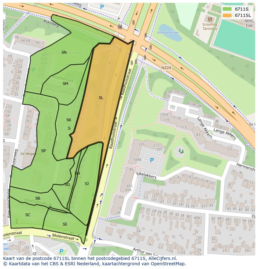 Afbeelding van het postcodegebied 6711 SL op de kaart.