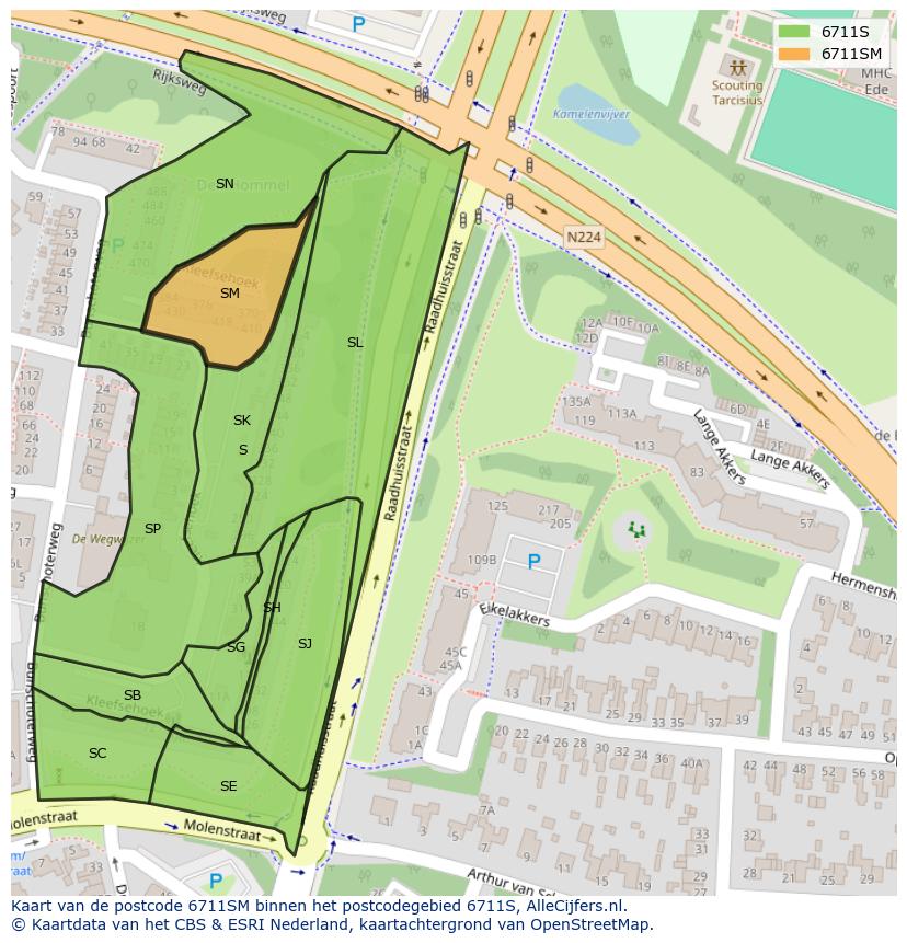 Afbeelding van het postcodegebied 6711 SM op de kaart.