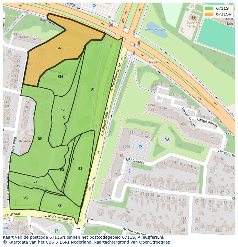Afbeelding van het postcodegebied 6711 SN op de kaart.