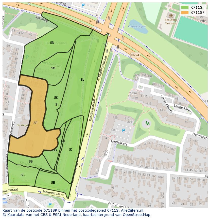 Afbeelding van het postcodegebied 6711 SP op de kaart.