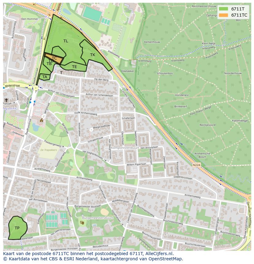 Afbeelding van het postcodegebied 6711 TC op de kaart.