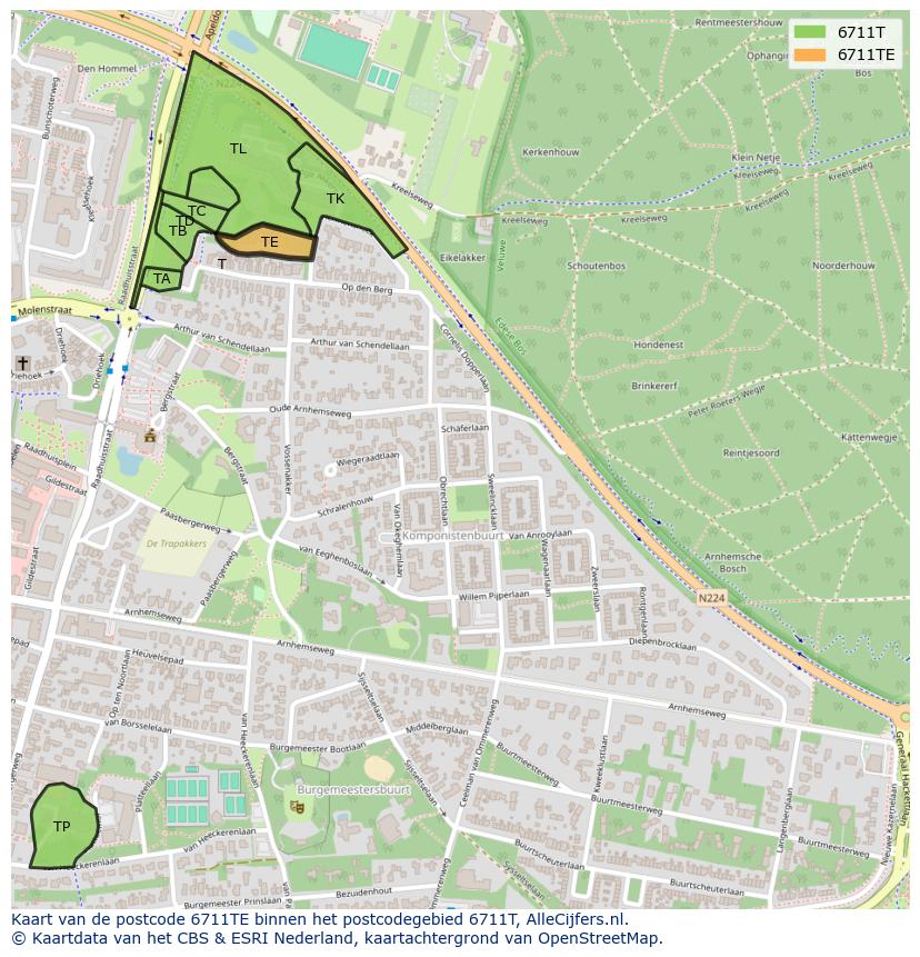 Afbeelding van het postcodegebied 6711 TE op de kaart.