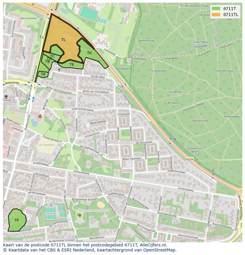 Afbeelding van het postcodegebied 6711 TL op de kaart.