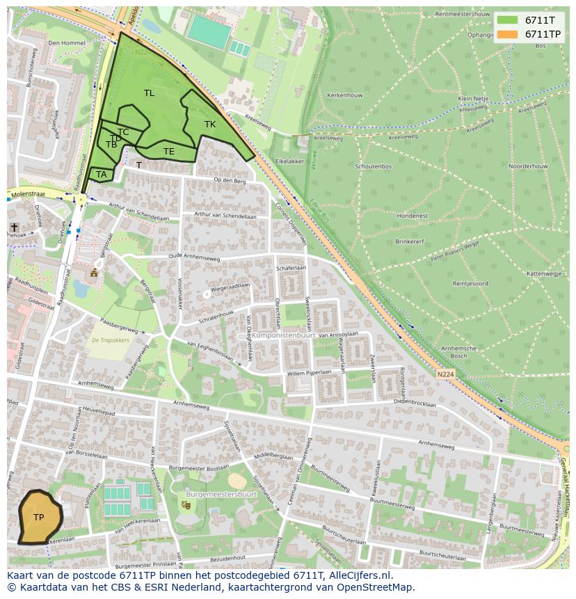 Afbeelding van het postcodegebied 6711 TP op de kaart.