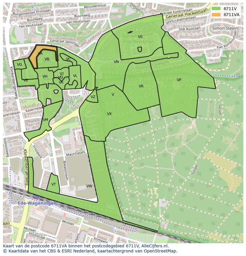 Afbeelding van het postcodegebied 6711 VA op de kaart.