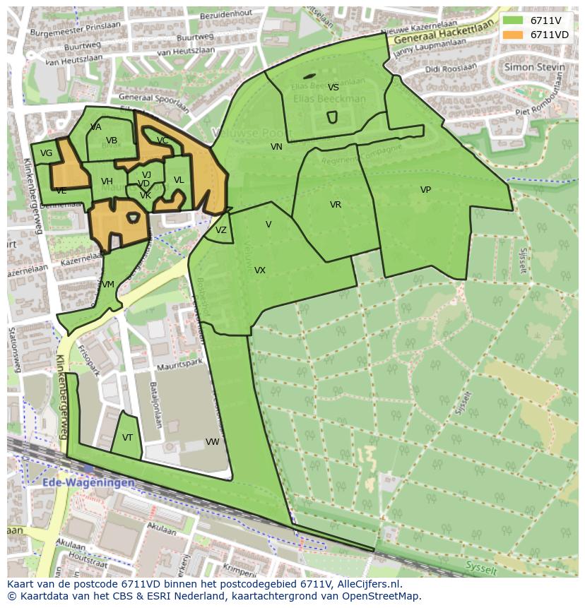 Afbeelding van het postcodegebied 6711 VD op de kaart.