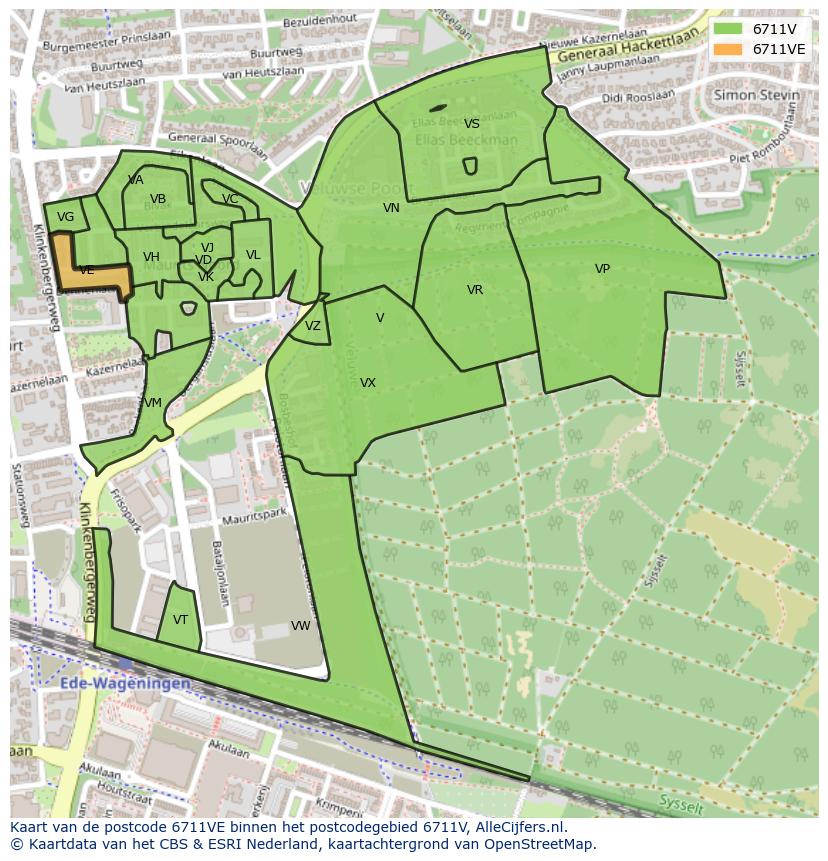 Afbeelding van het postcodegebied 6711 VE op de kaart.