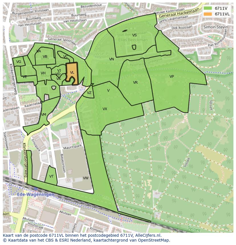 Afbeelding van het postcodegebied 6711 VL op de kaart.