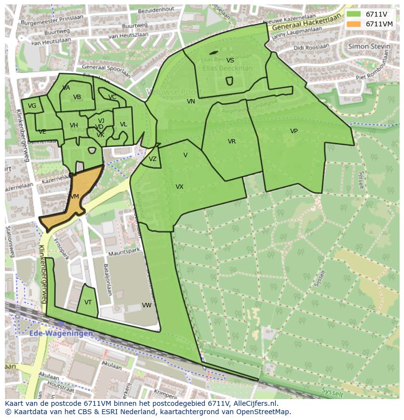 Afbeelding van het postcodegebied 6711 VM op de kaart.