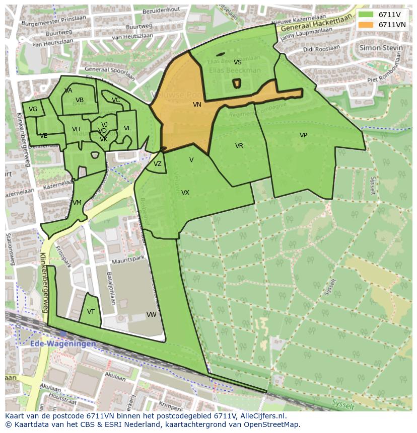 Afbeelding van het postcodegebied 6711 VN op de kaart.