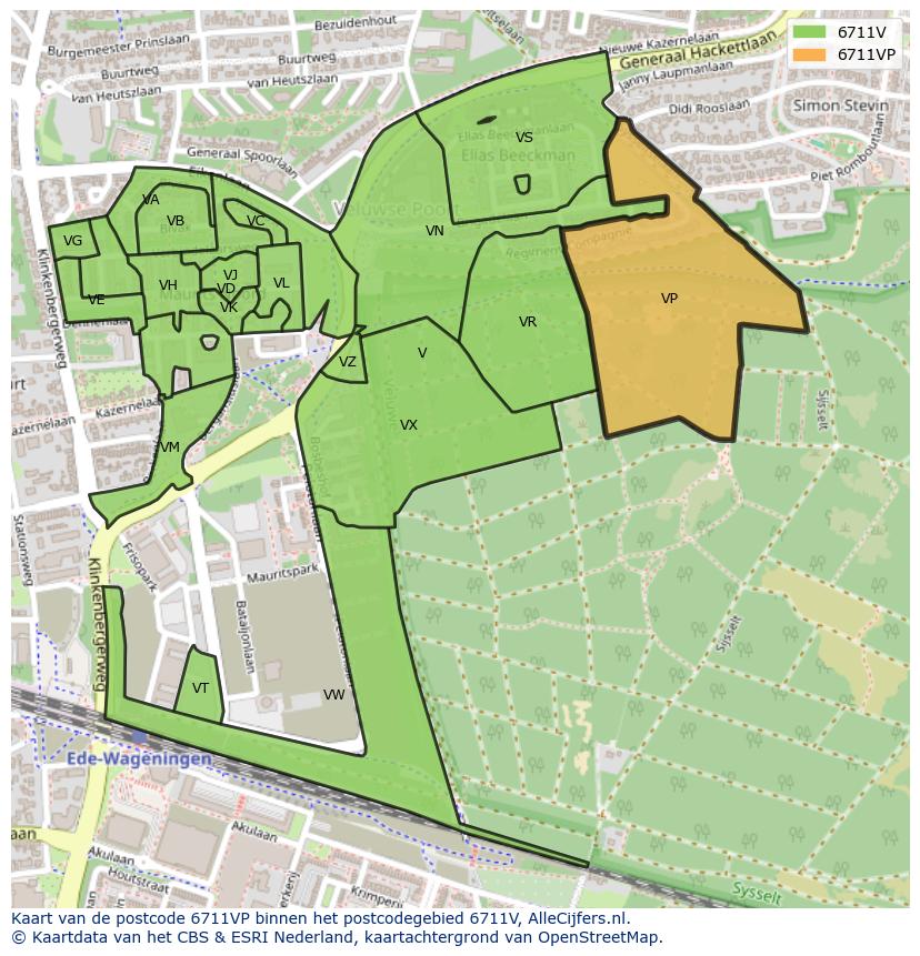 Afbeelding van het postcodegebied 6711 VP op de kaart.