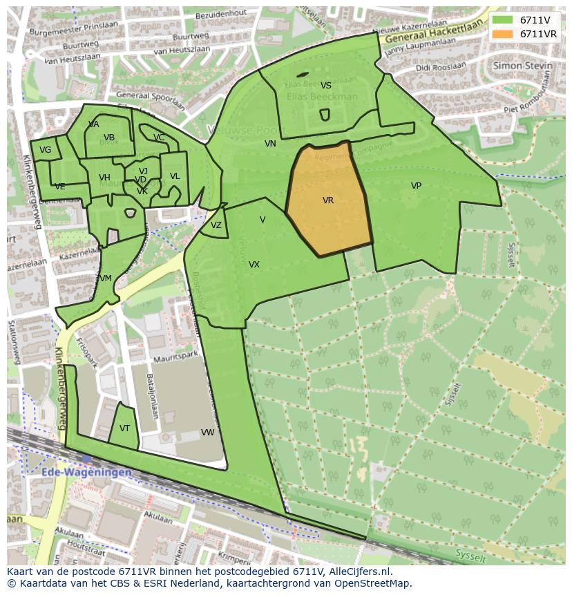 Afbeelding van het postcodegebied 6711 VR op de kaart.