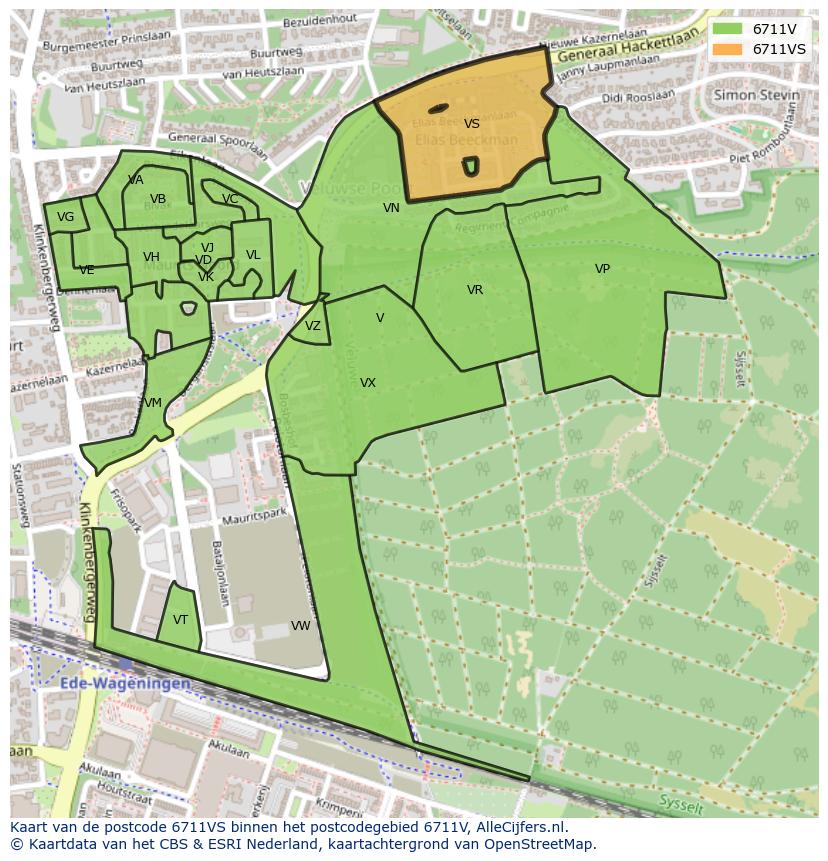Afbeelding van het postcodegebied 6711 VS op de kaart.