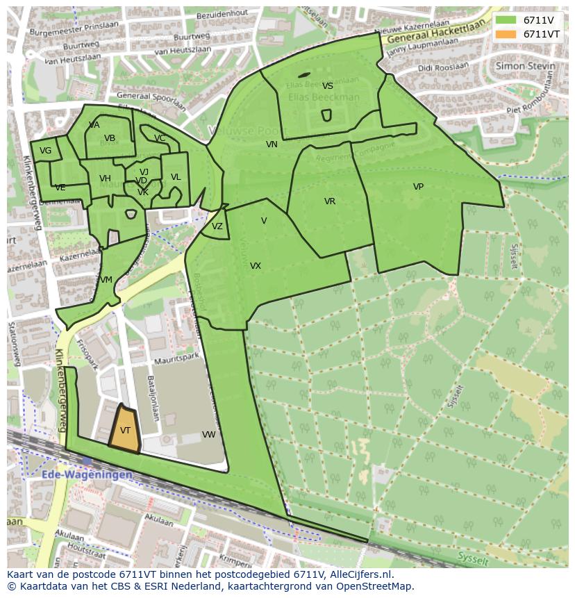 Afbeelding van het postcodegebied 6711 VT op de kaart.