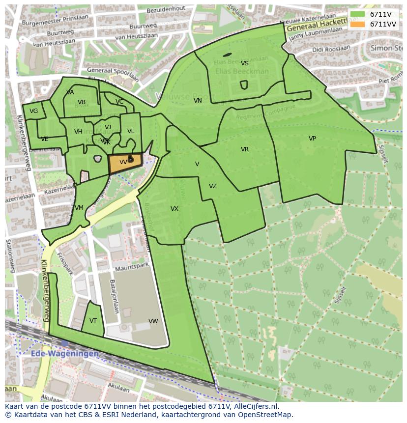 Afbeelding van het postcodegebied 6711 VV op de kaart.