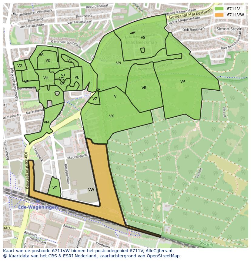 Afbeelding van het postcodegebied 6711 VW op de kaart.