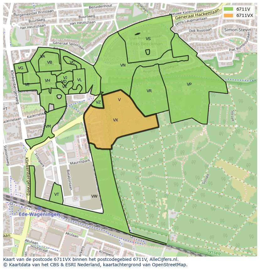 Afbeelding van het postcodegebied 6711 VX op de kaart.