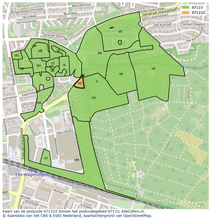 Afbeelding van het postcodegebied 6711 VZ op de kaart.