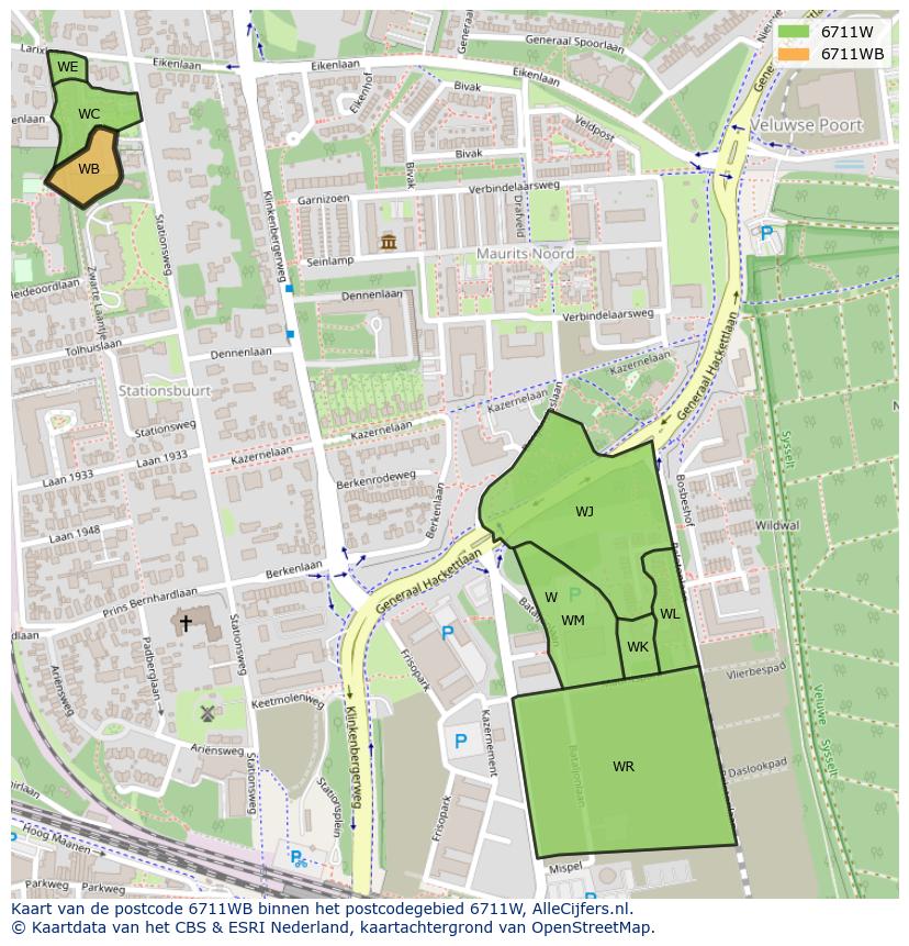 Afbeelding van het postcodegebied 6711 WB op de kaart.