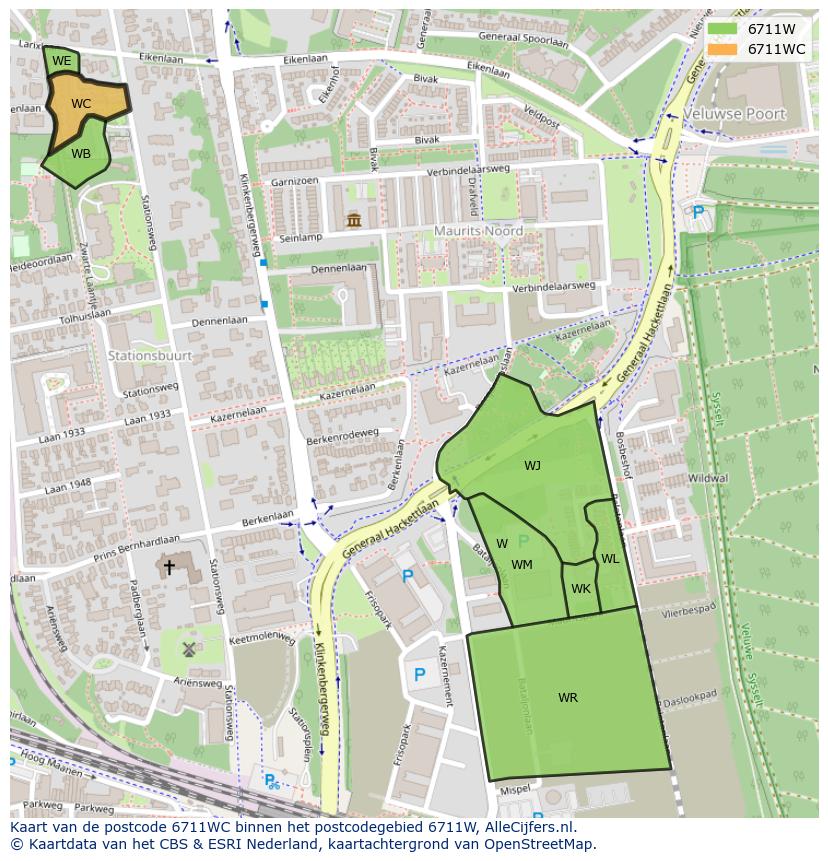 Afbeelding van het postcodegebied 6711 WC op de kaart.