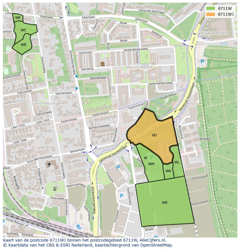 Afbeelding van het postcodegebied 6711 WJ op de kaart.