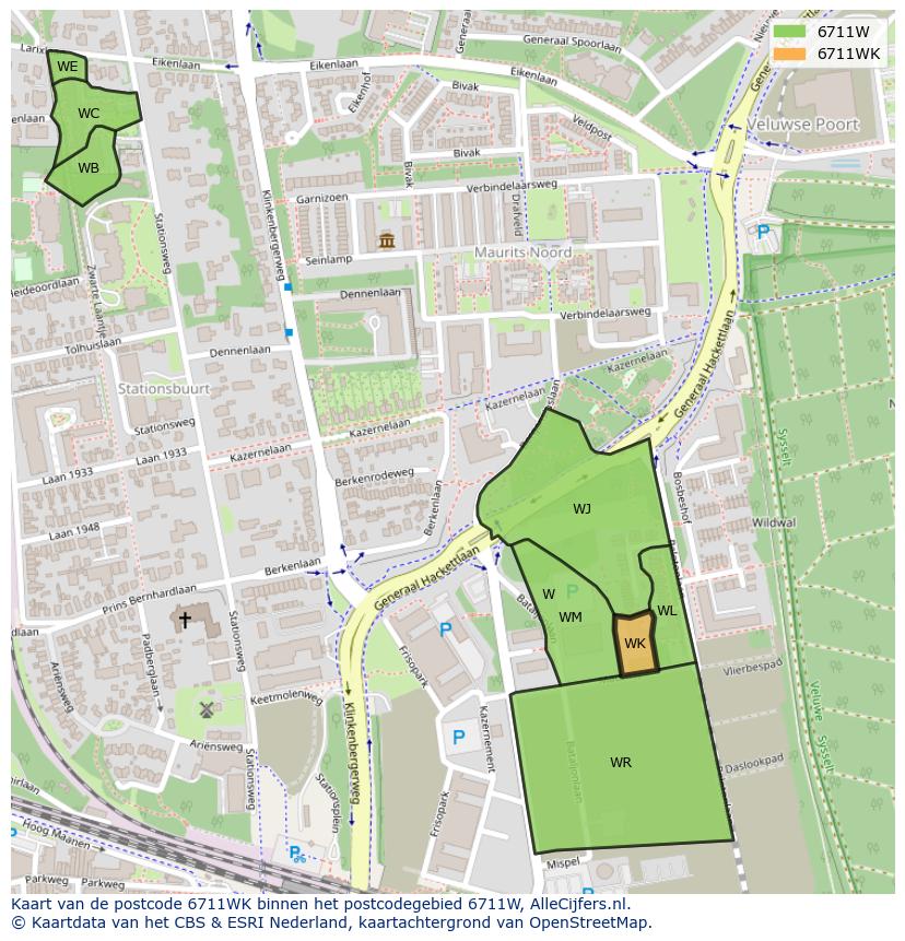 Afbeelding van het postcodegebied 6711 WK op de kaart.