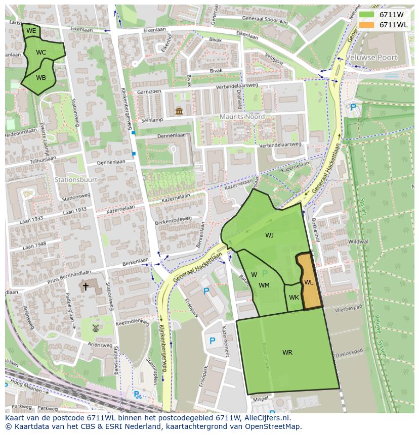Afbeelding van het postcodegebied 6711 WL op de kaart.