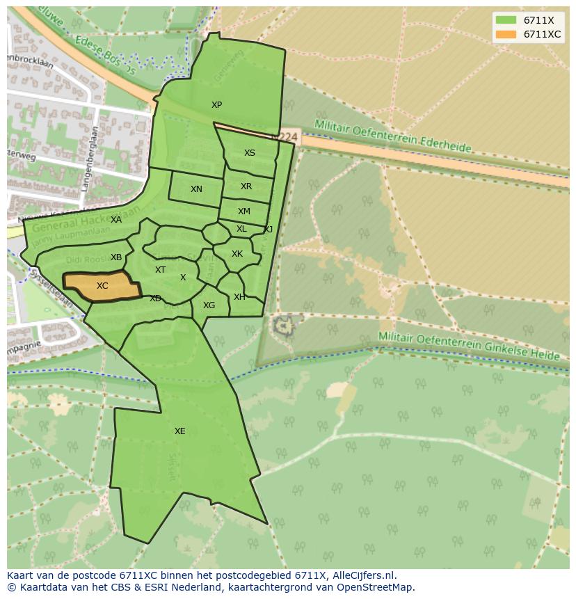Afbeelding van het postcodegebied 6711 XC op de kaart.