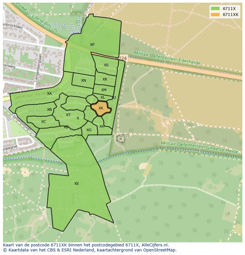 Afbeelding van het postcodegebied 6711 XK op de kaart.