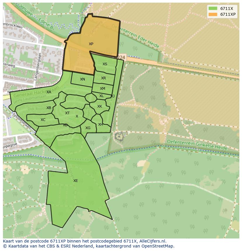 Afbeelding van het postcodegebied 6711 XP op de kaart.