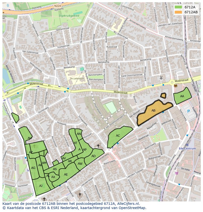 Afbeelding van het postcodegebied 6712 AB op de kaart.