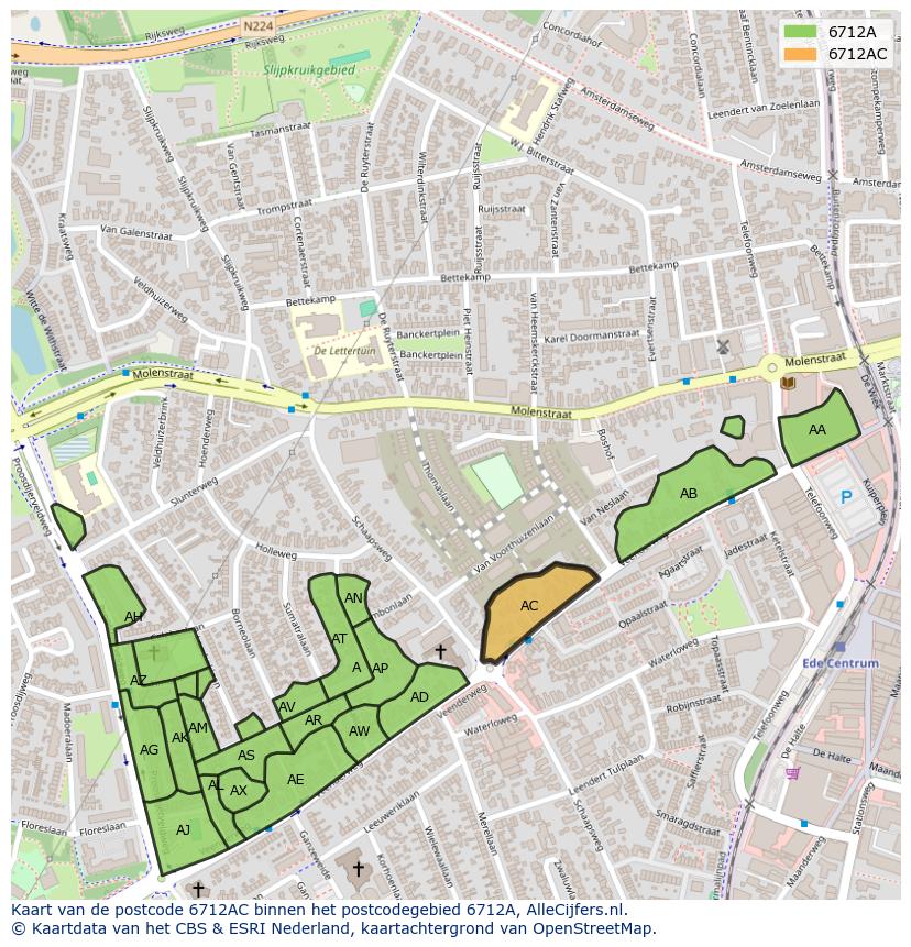 Afbeelding van het postcodegebied 6712 AC op de kaart.