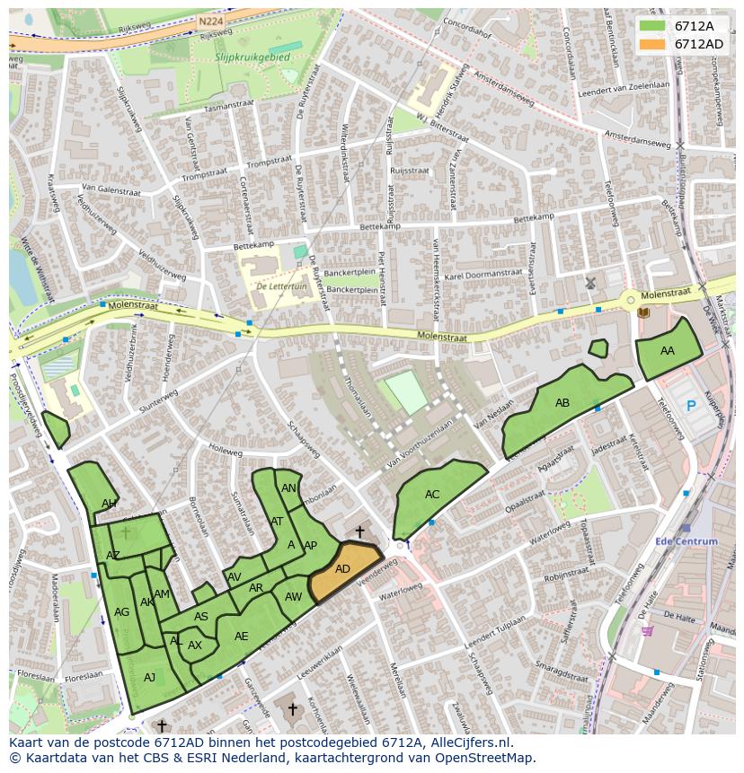 Afbeelding van het postcodegebied 6712 AD op de kaart.