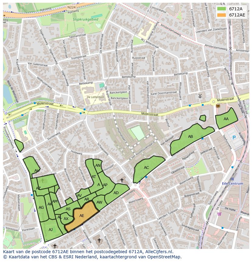 Afbeelding van het postcodegebied 6712 AE op de kaart.
