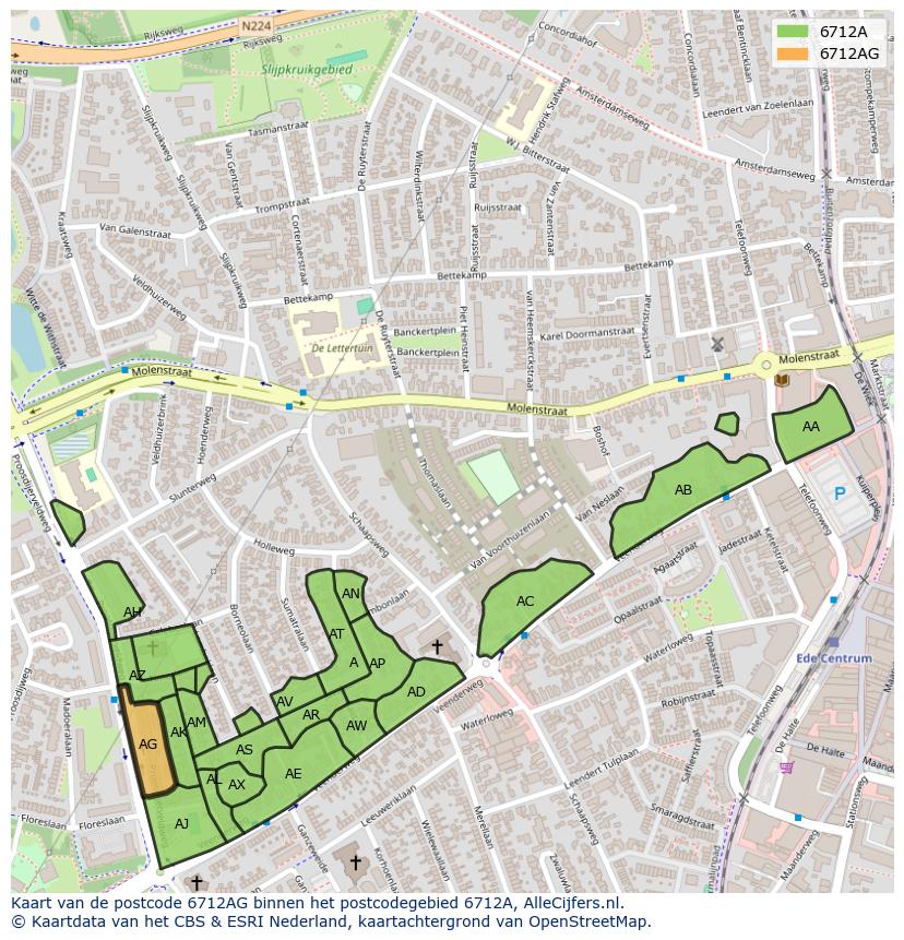 Afbeelding van het postcodegebied 6712 AG op de kaart.